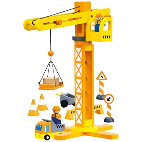 Bino 84087 Wooden Construction Set, 14 pcs. Includes Yellow Tower Crane, Buliders and Accesories. Size: 31x42x25 cm Cover