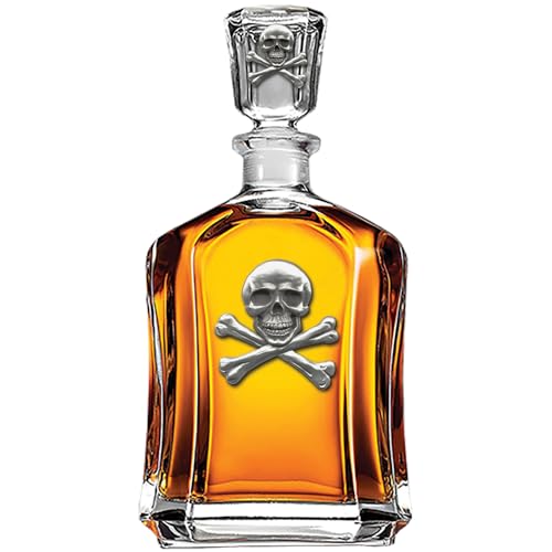 Image of Heritage Pewter Skull & Bones Capitol Decanter | 24 OZ Whiskey Decanter for Liquor with Airtight Stopper | Expertly Crafted Pewter Glass