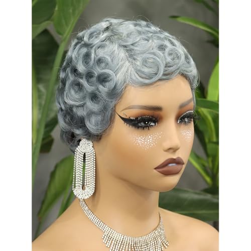 Barcupley Short Pixie Wigs for Black Women Mixed Silver Short