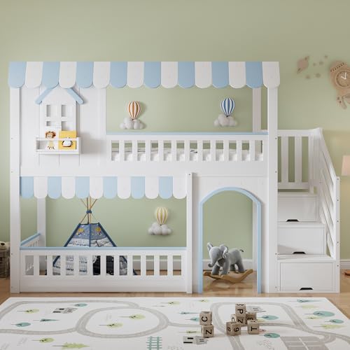 Ktipm Litera Infantil 90x200 cm con Escalera de Almacenaje y Ventana, Cama Infantil Litera Matrimonio con Barandilla Anticaída y Somier Madera, Literas Infantiles Cama Alta, Sin Colchón, Blanco+Azul