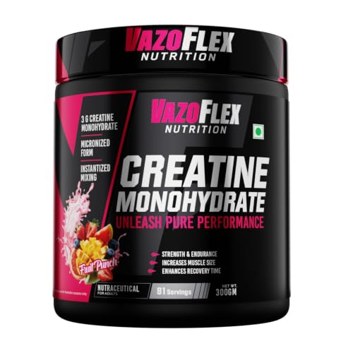 Image of VAZOFLEX Nutrition Creatine Monohydrate Powder | 3g Micronized Creatine Monohydrate Per Serving | Instantized Mixing | Fruit Punch Flavour | 81 Servings | 300g