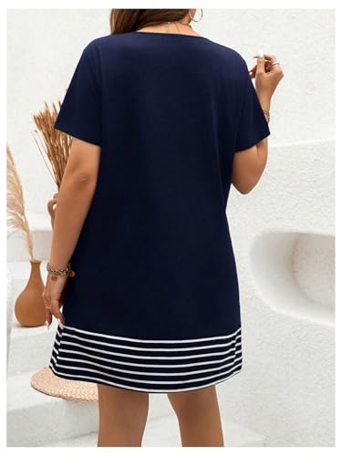 Image of Verdusa Women's Plus Size Summer Casual T Shirt Dress Color Block Striped Short Sleeve Mini Dress Dark Blue 3XL