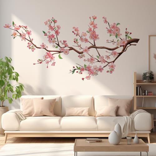 Lot de 2 stickers muraux Motif : fleurs de cerisier roses, Forte adhérence