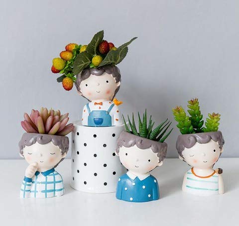 Image of Resin Combo Pack of 8 Boys and Girls Theme Yellow Girl Blue Boy Thinking Style Imported Planters Stylish Polyresin Succulent Pots Decorative for Home Office Shelf Decor