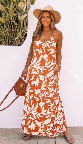 Image of Bluetime Women Summer Spaghetti Strap Maxi Dress V-Neck Sleeveless Flowy Boho Floral Beach Long Dress with Pockets