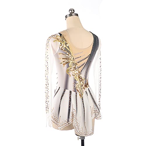 Vestido de Patinação Artística, Gradiente Dourado Bordado Flor Strass Competição de Patinação Artíst