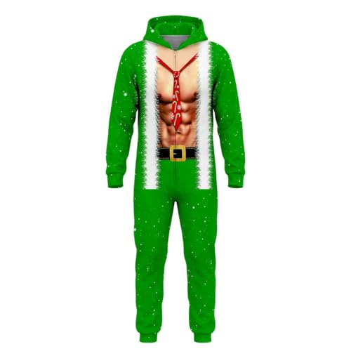 Men Santa Elf Cosplay Hooded Onesie Funny 3D Fake Muscle Printed Jumpsuit - image 6
