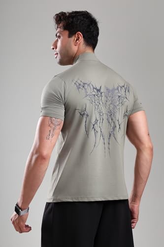 Image of GROW Stylish Gym T Shirts for Men Workout | Cotton and Spandex Quarter Zip Back Printed Collar T Shirts for Men Half Sleeves