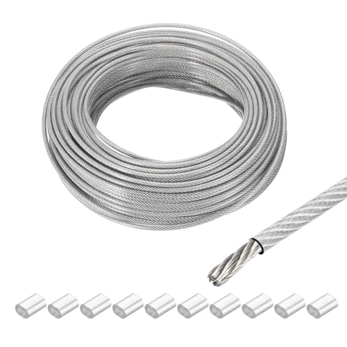 sourcing map Cuerda de alambre de 40 m, cable de acero inoxidable 304 de 3 mm, revestimiento de vinilo con 10 fundas de aluminio para colgar, tendederos transparentes