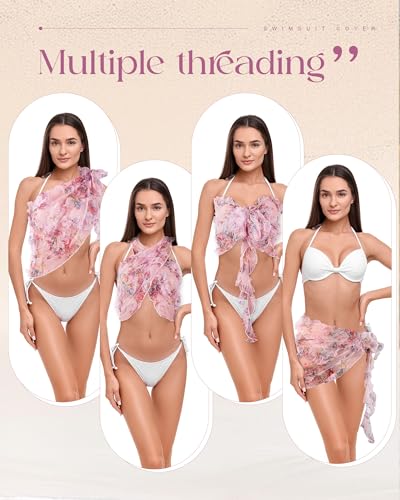Geyoga Women Floral Mesh Sarong Coverups Sheer Ruffle Swimsuit Wrap Beach Vacation Mini Short Skirts Music Festival4