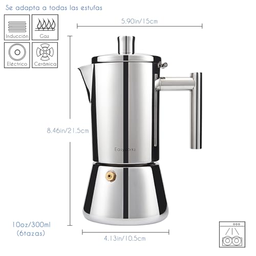 Miniatura 2 de Easyworkz Diego Cafetera Italiana De Acero Inoxidable Para Cocina De Inducción,300 Ml, 4-6 Tazas, Plateado
