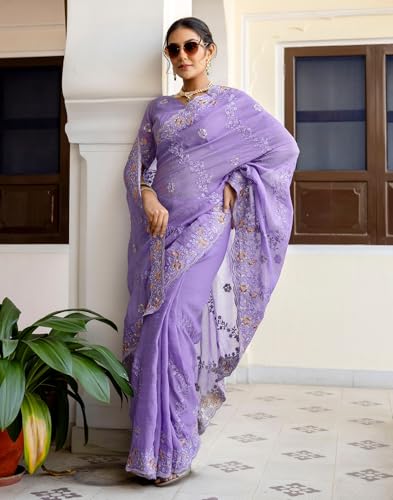 Image of SIRIL Women's Shimmer Chiffon Sequence Embroidery Saree With Unstitched Blouse Piece for Wedding and Parties