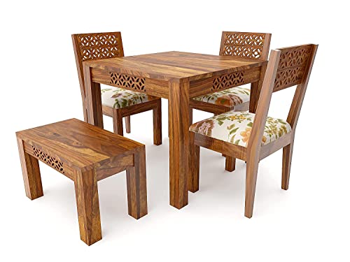 Image of SHRI MINTU'S ART Sheesham Wood Dining Table 4 Seater | Four Seater Dinning Table with 3 Chairs & 1 Bench for Home | Chairs with Cushion | Dining Room Sets for Kitchen & Restaurants | Provincial Teak