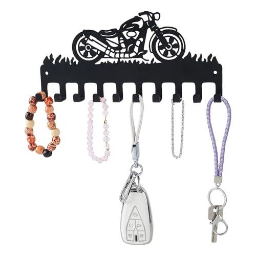 SUPERDANT Black Metal Key Holder 10 Hooks Motorcycle Pattern Iron Wall Mounted Hooks Decorative Hook Organizer Rack for Bag Clothes Key Towel Hanging Wall Decoration