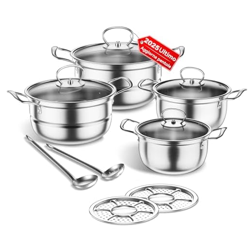 Set di pentole in acciaio inox, set di pentole da 12 pezzi con vaporiera e cucchiaio, set di pentole per cottura a induzione di grandi dimensioni, adatto a tutti i tipi di fornelli (Grigio chiaro)