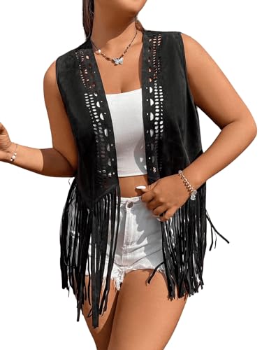 Floerns Women's Plus Size Open Front Sleeveless Fringe Hem Vest Jacket4
