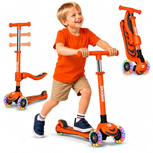 Image of SKIDEE Kick Scooter for Kids Ages 3-5 | Foldable 3 Wheel Scooter with Lean-to-Steer, Adjustable Height, Removable Seat & LED Light Wheels | Toddler Scooter Up to 12 Year Old Boys /Girls