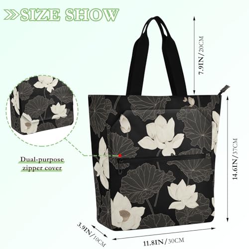 Decorative Cute Book Tote Bag for Kids Adults, Black and White flower Large Library Book Bag Handbag with Zipper Pockets for School Shopping Grocery Rainbow bolsa para llevar libros2