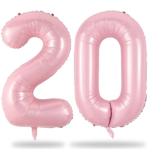 Image of 40 Inch 20th Birthday Balloon for Women - Pastel Pink Mylar Self Inflating 20 Balloon Numbers, Big 2 & 0 Helium Foil Birthday Party Decor