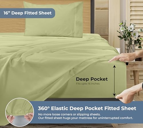 Image of ROYALE LINENS 100% Organic Cotton Twin Sheet Set - Percale Weave - 3 Pieces Set - 1 Flat, 1 Deep Pocket Fitted Sheet and 1 Pillowcases - Sage Green Bed Sheets - Sabanas Twin - Crisp Cool (Sage Green)