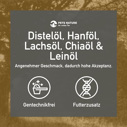 Pets Nature Omega 3-6-9-Öl für Hunde und Katzen - reines Premium Kräuter-Barf-Öl mit Distel-, Hanf-, Lachs-, Chia- und Leinöl - 100% natürlich, schonend kaltgepresst (500 ml)