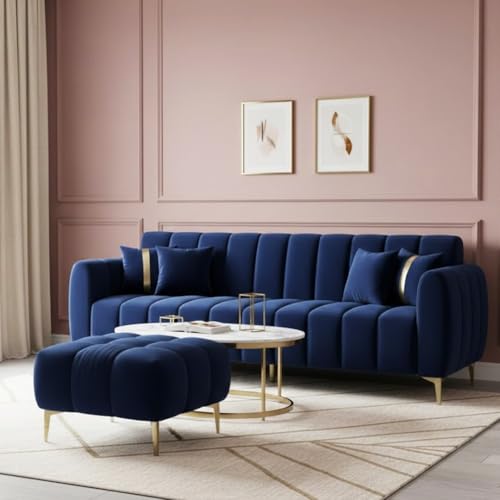 Image of CASASTYLE Hanster 4 Seater L Shape Sofa Set with Movable Ottoman | Flexible Left or Right Layout | Cozy Velvet Fabric | Soft Touch Seating with Golden Legs | Sofa for Living Room (Dark Blue)