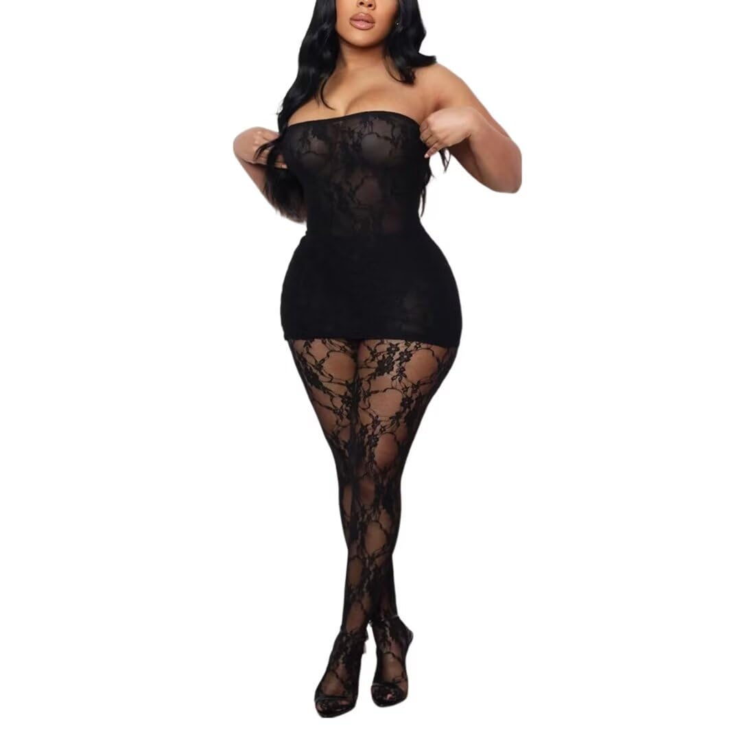 Kafiloe Sexy 3 Piece Outfits for Women Clubwear Lace Tube Mini Dress Top with Stockings Set Birthday Outfits