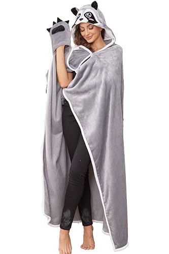 OUSIEDISIE Raccoon Gifts for Women Adult Racoon Wearable Hooded Blanket Soft Cute Warm Fluffy Racoon Hooded Blanket
