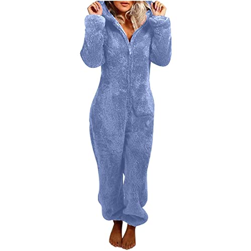 Smoneyful Womens Fleece Onesies Pajamas Jumpsuit Fuzzy Sherpa Romper Sleepwear Zipper Thicked Warm Hooded Pajama Loungewear Blue