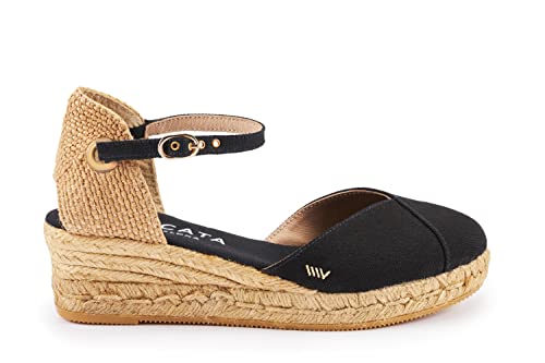 Image of Viscata Pubol Espadrille Canvas Low Wedges with Ankle Strap Spain Handmade 2 inch Heel Women's Sandals with Breathable Organic Cotton Canvas and 100% Natural Jute for all Occasions: Casual, Work, Party