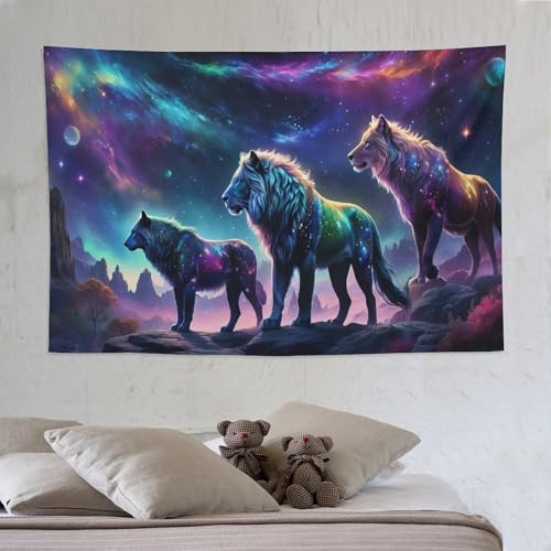 Tapisserie murale lion suspendue pour créer une ambiance bohème dans votre salon