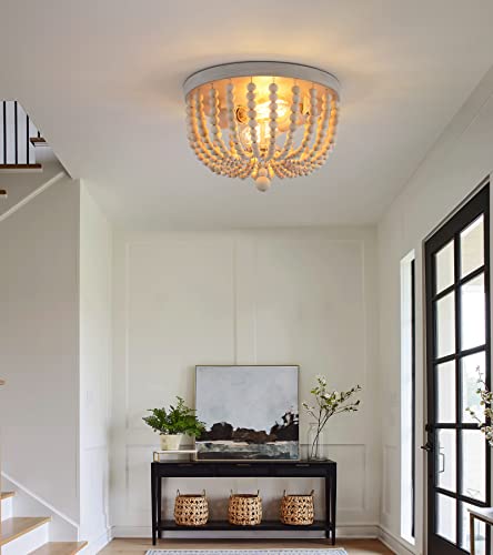 Q&S Boho Chandelier Wood Beaded Flush Mount Ceiling Light Fixtures For Nursery Baby Bedroom Kitchen Hallway,Oak White Finish,2-Lights #TOP6