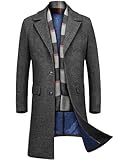 INVACHI Men's Long Trench Coat Single Breasted Wool Blend Pea coat With Detachable Soft Scarf