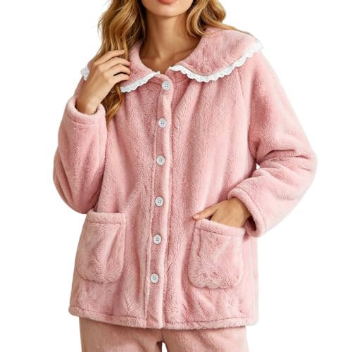 VBTAPA Pajama Set Women Bed Jackets for Women Cozy Fleece Long Sleeve Lounge Coats Fall Winter Lightweight Button Cardigan With Pockets 2026 Pink M - image 7