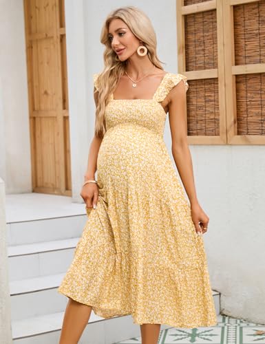 Image of KOJOOIN Womens Maternity Dress Summer Sleeveless Smocked Square Neck Ruffle Casual Boho Midi Dress Baby Shower Photoshoot
