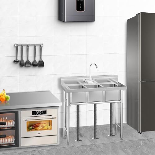Image of Garvee Stainless Steel 3 Compartment Commercial Sink, 11x19 Inch Basins with 2 Drainboards, NSF Certified Undermount Utility Sink for Restaurant Kitchen Bar