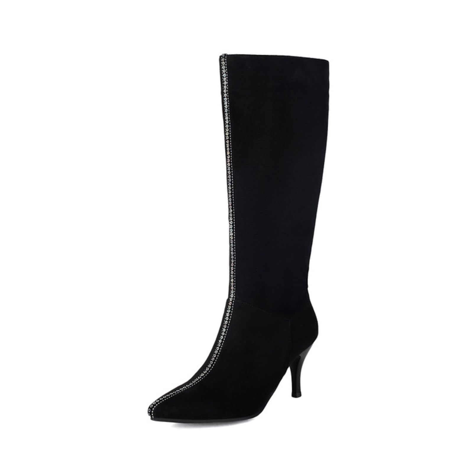 Womens Suede Stiletto Heel Knee High Boots Fashion Sequins Pointed Toe Side Zipper Tall Riding Booties