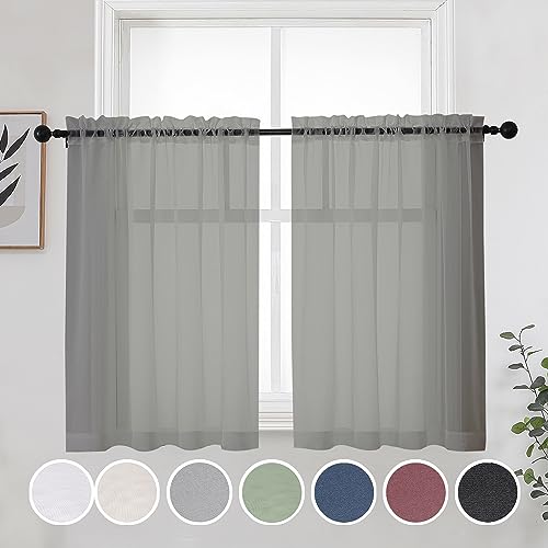 Image of OWENIE Short Sheer Curtains 30 Inches 2 Panels Set, Kitchen Tiers Light Filtering Rod Pocket Cafe Curtains for Bathroom Small Half Window, 42 in W x 30 in L, Grey