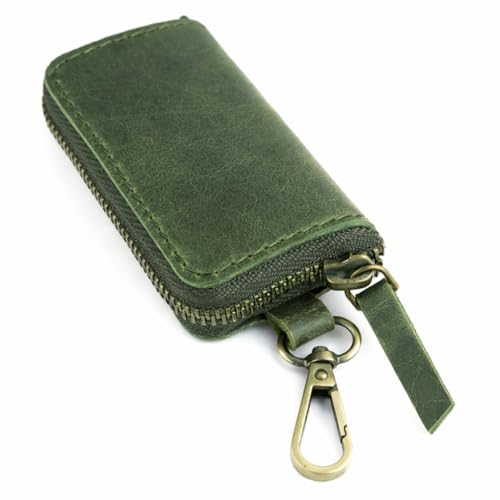 Image of Handmade Full Grain Leather Car Key Holder & Zippered Coin Purse | Belt Loop Key Chain, Compact Earphone Holder Multi-Functional Money Purse Elegant Leather Accessory Versatile Key Organizer (Green)