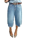 Flamingals Women's Cropped Straight Leg High Waist Vintage Wash Stretch Denim Button Fly Jeans Without Belts Light Blue L