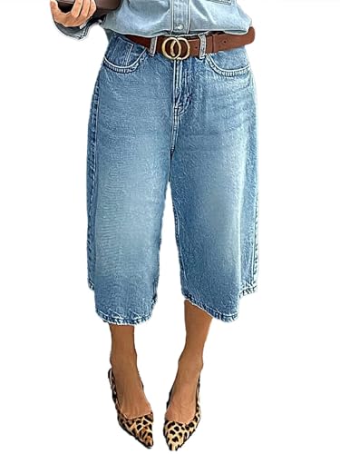 Flamingals Women's Cropped Straight Leg High Waist Vintage Wash Stretch Denim Button Fly Jeans Without Belts
