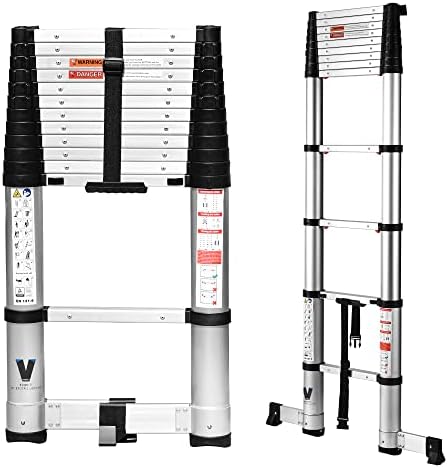 Telescoping Ladder 12.5FT,BOWEITI Extension Step Ladder One Button Retraction,Aluminum Collapsible Ladder Slow Down Design for Home RV Loft,330 lbs Max Capacity