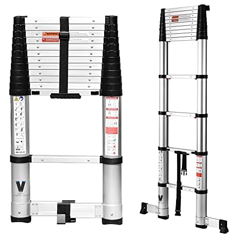 Telescoping Ladder 12.5FT,BOWEITI Extension Step Ladder One Button Retraction,Aluminum Collapsible Ladder Slow Down Design for Home RV Loft,330 lbs Max Capacity Cover