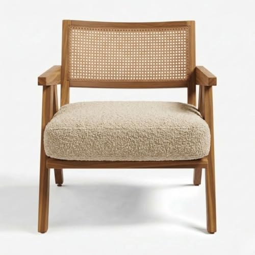 Image of Kingsman Furnitures ABEL Rattan Teak Wood Accent Arm Chair for Home Bedroom, Living, Dining, Drawing Room | Ultra Soft and Comfortable for Stress Free | Removable Cushion (KF-Bronx-Canaberra-Boucle)