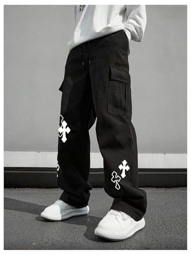 BEAUDRM Men's Cross Graphic Baggy Cargo Pants Drawstring Waist Wide Leg Sweatpants Streetwear Black Medium