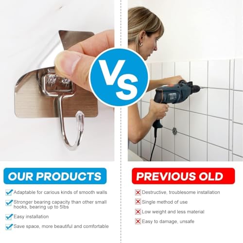 Image of CERLINK Golden Large Adhesive Hooks for Wall Heavy Duty Waterproof Wall Hooks for Hanger Hooks, Stainless Steel Towel and Coats Wall Hook to Use Inside Kitchen, Bathroom, Home and Office Pack 20