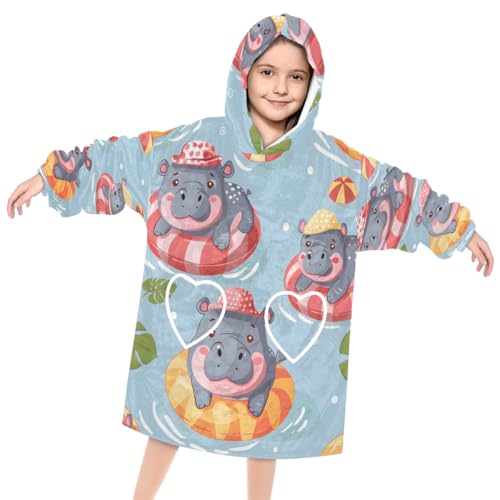 Pardick Wearable Blanket Hoodie for Kids, Cute Hippopotamus Fleece Sweatshirt Blanket Oversized Blanket Sweatshirt with Pocket Flannel Warm Hooded Blanket 6-10 Year Old Girl Boy Gift, One Size
