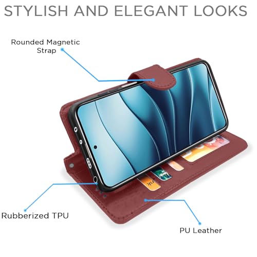 Image of Amazon Basics Flip Cover for Redmi Note 14 5G Leather Finish | Wallet Stand and Shock Proof | Inside TPU with Card Pockets | Complete Protection Flip Case (Brown)