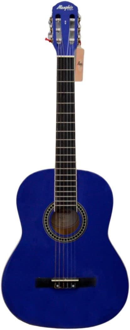 Violão acústico clássico non-cutaway de cor azul profundo, cordas de nylon, vista frontal com detalhes no interior do braço e marca Memphis na pestana, fundo branco.