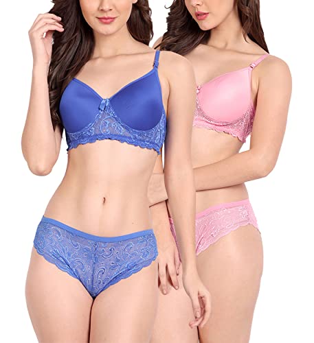 Image of FIMS - Fashion is my style Women Cotton Floral Lace Padded, Non-Wired, Full Coverage, Seamless Bra Panty Set, Multicolor, Lingerie Set